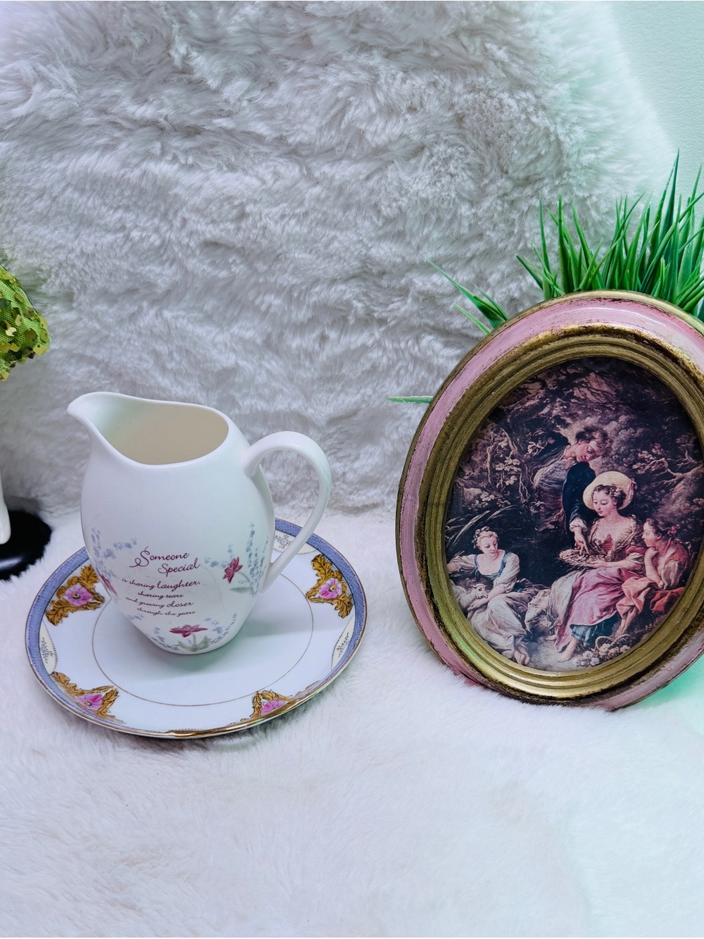 White Floral Ceramic Vase Gold-Trimmed Dish & Vintage Pink Framed Artwork 🖼️